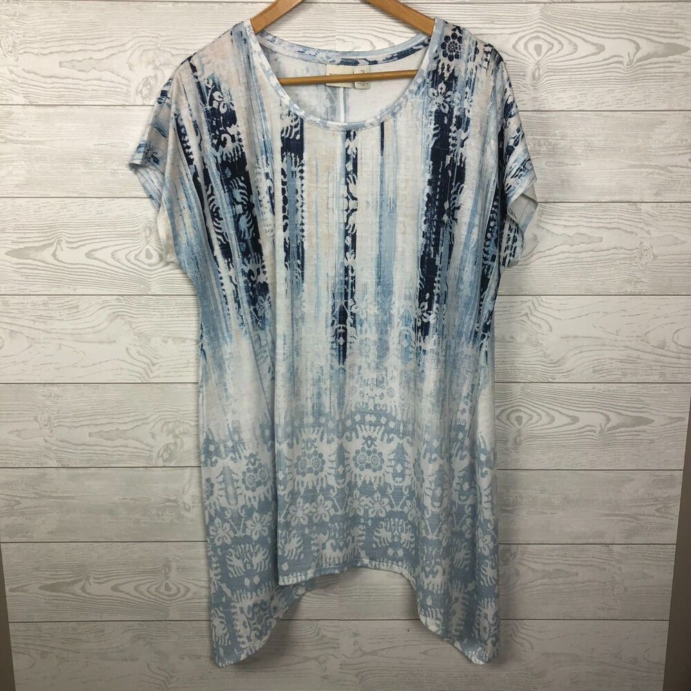 Zenergy by Chico's Women's Size 2/Large Printed Short Sleeve Tunic Shirt Blue